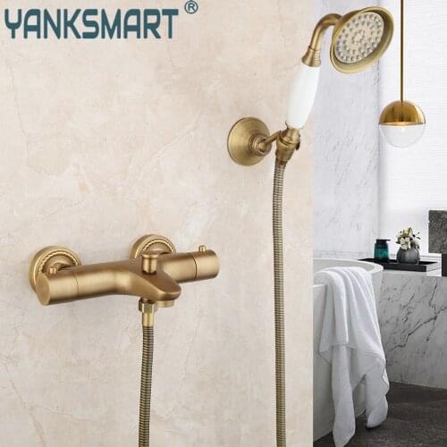 YANKSMART Antique Brass Thermostatic Bathroom Shower Faucet With Rainfall Hand Shower Held Bath Wall Mounted Mixer Tap Combo Kit