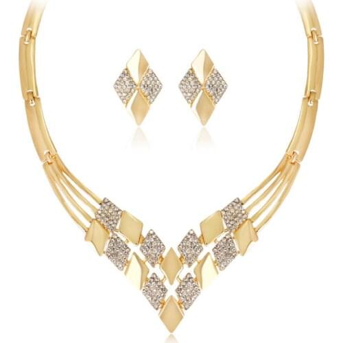 Women KC Gold Plated Rhombus Shape Necklace Earrings Rhinestones Jewelry Set