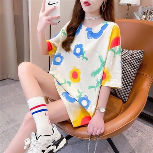 Tops T Shirts Women 2021 Summer Trendy Loose O Neck Cartoons Print Short Sleeve Oversized Korean T-shirt NS4762