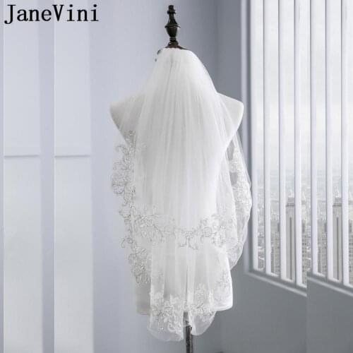 JaneVini 2019 Lace Appliqued Bride Veil 2-Layer Short Wedding Veil with Comb Women White Ivory Pearl Tulle Bridal Veils velo tul