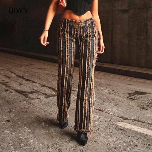 Vintage 90s Aesthetic Tassel Jeans Women Low Waist Straight Leg Pants Contrast Stitched Distressed Denim Trousers 2021