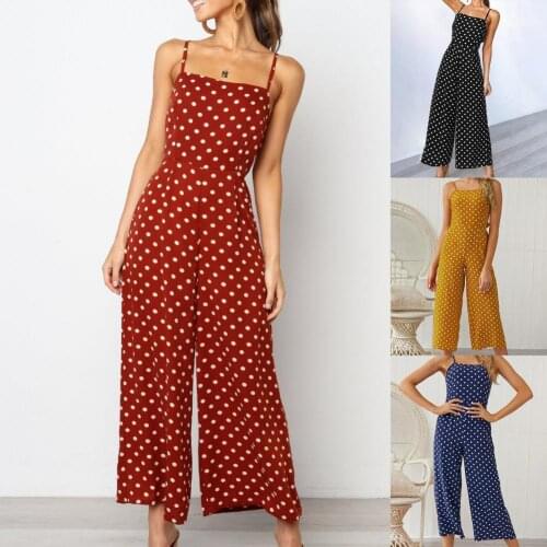 Jumpsuit Women Sling Red Blue High Waist Sweet Rompers Overalls Ladies Polka Dot Print Wide Leg Pants Jumpsuits for Summer 2021