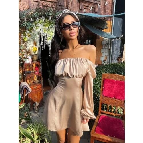 Women Sexy Lantern Sleeve A-line Satin Mini Dress Square Collar Khahi High Streert Casual Mini Dress 2021 Autumn New Women Dress