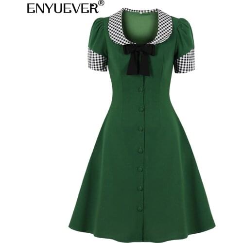 Enyuever Green Button Up Women Casual Dress Plaid Patchwork Bowknot Short Sleeve Robe Ete Elegant Vintage Party Ladies Dresses