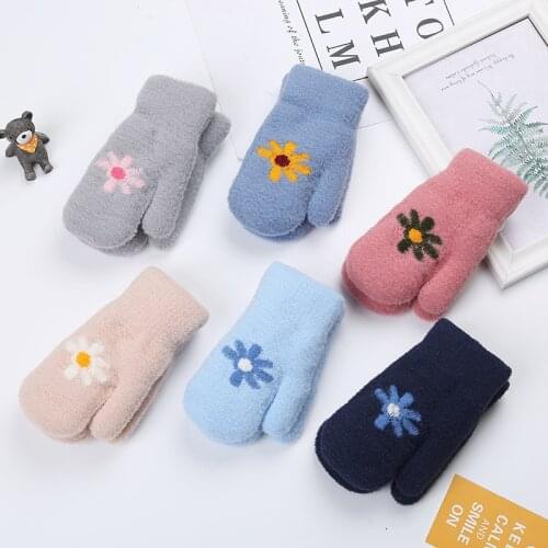Winter Warm Mittens for Children Aged 0-3 Plush Knitted Halter Gloves Thickened Kids Warm Outdoor Printing Mittens Boys Girls