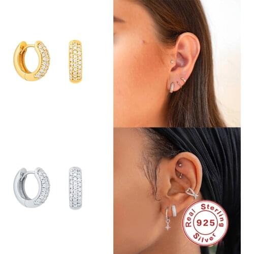 Aide Three Rows Diamonds In Europe America Huggie Earrings For Women S925 Sterling Silver Hoop Earring Fine Jewelry Pendientes