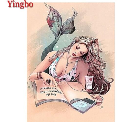 Wholesale Diamond Painting Mermaid Reading Book 5D Full Square Cross Stitch Diamond Embroidery Bead Picture Kits Home Decoration
