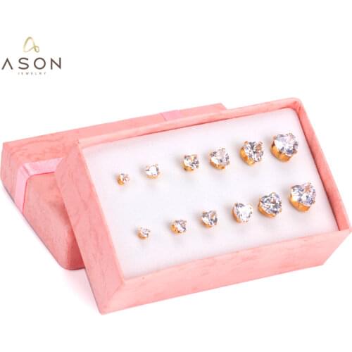 ASONSTEEL Small Earring for Women Gold Heart Jewelry Stainless Steel 6pairs/box Cubic Zirconia Earring Sets for Ladies Bijoux