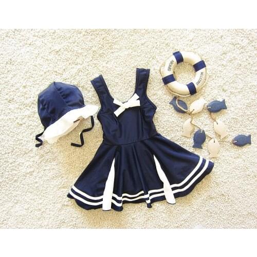 Marine Style Kids Girls One Piece Party Dress Cute Swimwear Summer Dress + Hat Beach Wear Swimsuit SA4012