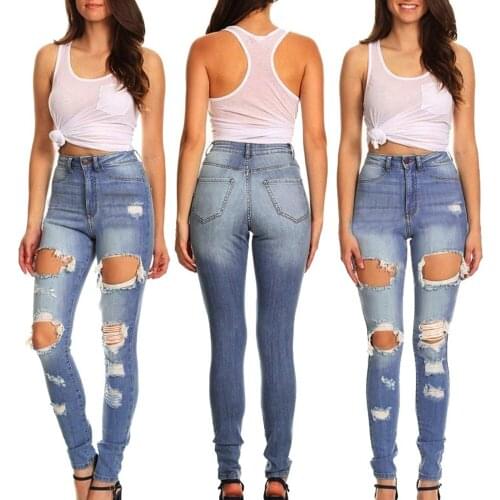 High Waist Skinny Ripped Jeans Women Korean Fashion Hollow Hole Pocket Trousers Washed Blue Denim Jeans Bleached Pencil Pants