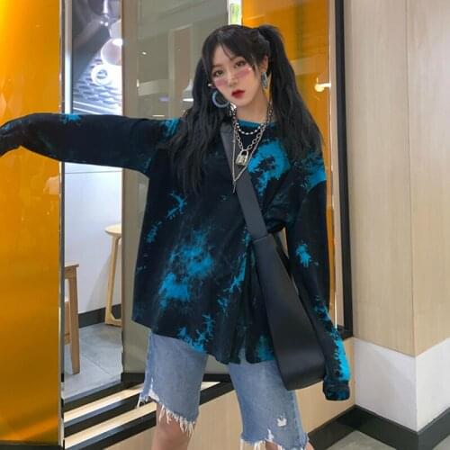 Harajuku Blue Tie Dyeing Women Men Plus Size T Shirt Long Sleeve Tops Tee Loose Streetwear Oversized T-shirts Korean 2021