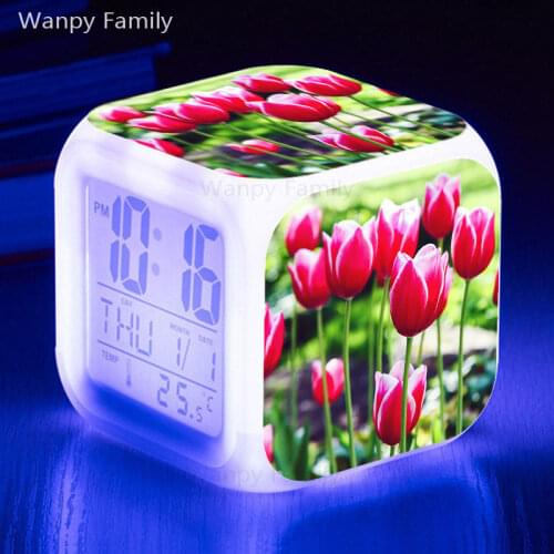 Pink Tulip Alarm Clock 7 Color Change LED Multifunctional Digital Alarm Clock for Childrens Birthday Gifts