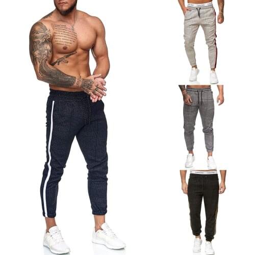Men Plaid Sports Trousers, Middle Waist Drawstring Long Pants Thousand bird check small foot Sweatpants Spring autumn new style