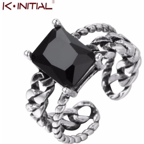 Kinitial Square Black CZ Open Rings Double Twisted Line Ring for Women Men Punk Style Finger Round Adjustable Jewelry
