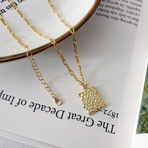 WTLTC Chic Gold Textured Square Shaped Necklaces for Women 925 Sterling Sliver Pendant Necklace Minimalist Hammered Disk Chokers