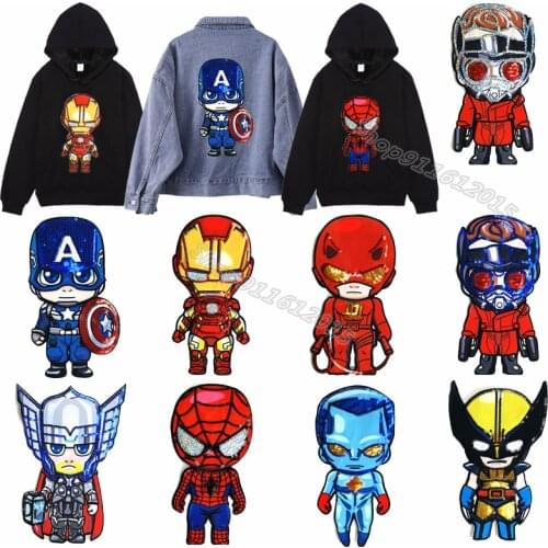 Marvel Iron Man Spiderman Captain America Sequins Patch Cartoon Anime Clothing Patches Shirt Cloth Stickers Clothes Accessories