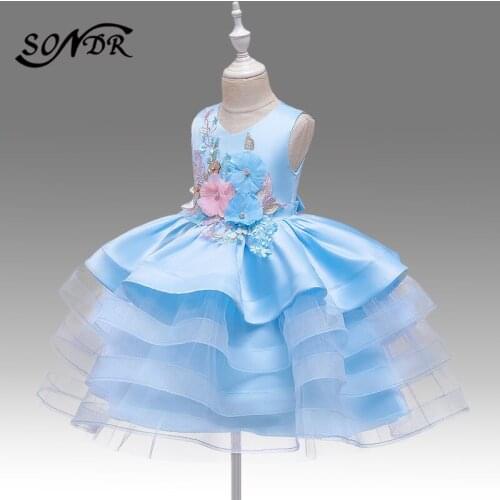 Appliques Girls Pageant Dresses HT237 O-Neck Sleeveless Flower Girl Dress Ruffles Bow Princess Ball Gowns Sequin Communion Dress