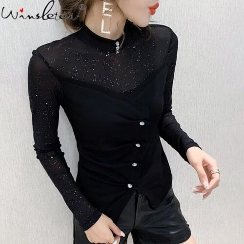 Spring Fall Korean Clothes T-Shirt Girl Fashion Sexy Stand Diamonds Patchwork Mesh Irregularity Cotton Women Tops Tees T11404A