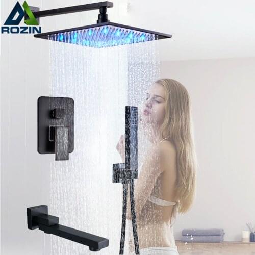 LED Light Shower Faucet Wall Mounted Black Bronze Rainfall Shower Column Brass Rain Shower Head Embedded Box Control Valve