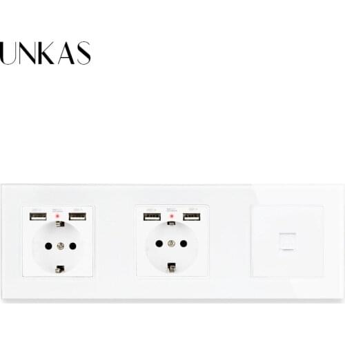 UNKAS Crystal Tempered Glass Panel Double French Standard Socket with 4 USB Charging Port + RJ11 Telephone Connector