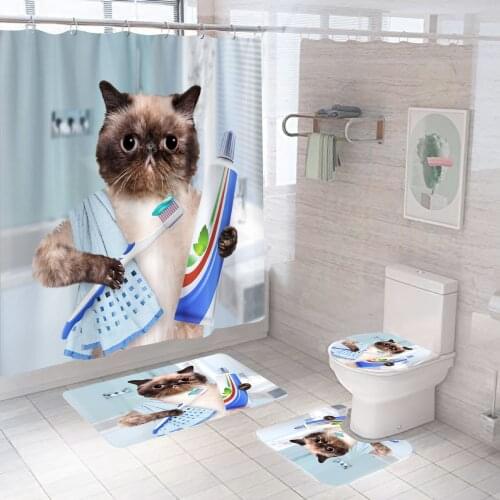 Funny Cute Cat Shower Curtain Lovely Animal Cartoon With Non Slip Rug Mat Bathroom Curtain Waterproof Polyester Home Decor 180cm