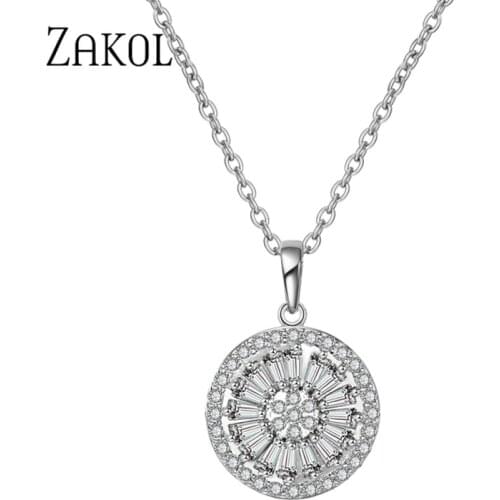 ZAKOL Luxury Four Colors Round Stone Cubic Zirconia Pendant Necklaces Women Chain Necklace Jewelry FSNP2032