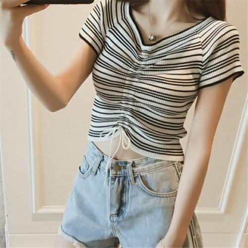 Ready Adjustable Drawstring Knitted Slim T-shirt Short Sleeve stripe Womens Crop Top