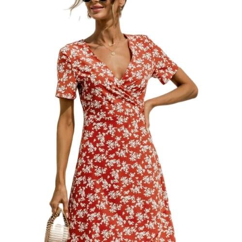 A-Line Skirt Womens Hot-Selling New Product Waist Tie V-Neck Skirt Vacation Short-Sleeved Printed Bandage Dress 2021