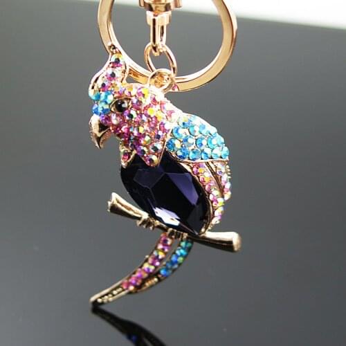 Women Fashion Colorful Cute Parrot Bird Keychains Metal Pendant Keyrings Crystal Keyholder Car Key Chain Ornaments