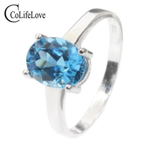 Fashion Simple Proposal Ring 8*10 Mm 2ct Natural Blue Topaz Ring for Lady 925 Sterling Silver Topaz Ring Best Gift for Girl
