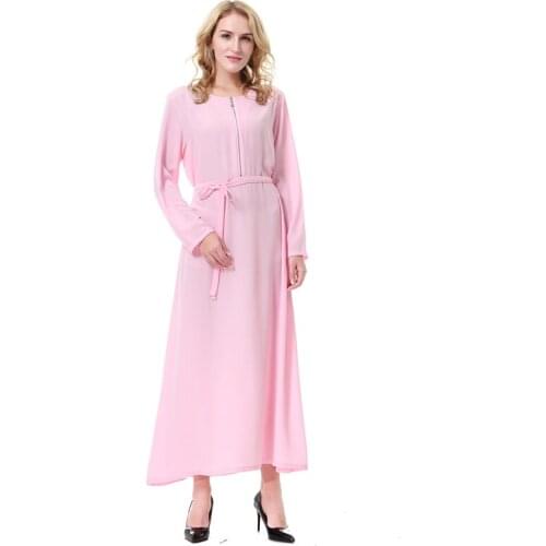 Women Muslim Long Dress 2021 Summer Pure Color Elegant Dubai Abaya Islam Femme Vestiods Fashion Sashes Robe Pink Maxi Dresses