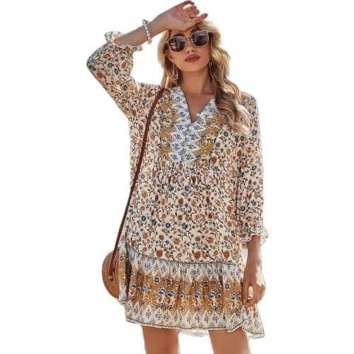 Retail Factory Price High Quality New Womens Fashion Hot Sale Loose Bohemian Printed V-Neck Lotus Leaf Sleeves Dress