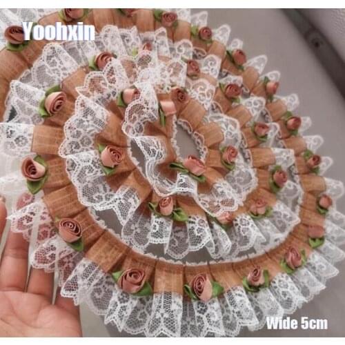 5CM Wide Modern Embroidery brown 3D rose flower lace fabric trim ribbon DIY sewing applique collar tassel dubai wedding decor