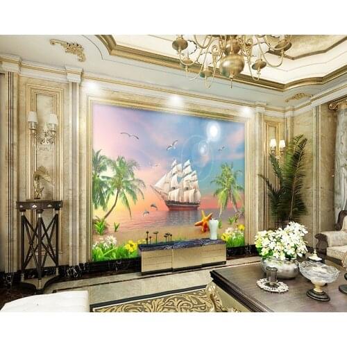 Free Shipping 3D Custom Photo Murals Smooth Sunset Sunset Coconut Tree Beach Living Room TV Background Wall Bedroom Wallpaper