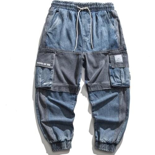 Hip Hop Harem Pant Man Streetwear Patchwork Pockets Ribbon Men Trousers Harajuku Oversize Loose Joggers Pants Jeans Blue