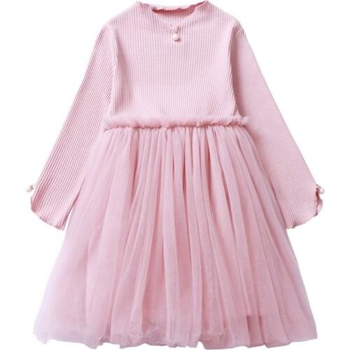 Kids Girl Pink Gray Dresses Long Sleeve Korean Fashion Sweater Voile Stitching Lace Dress Baby Girls 2 To 8T Christmas Clothes