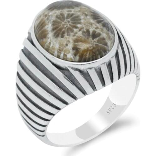 Coral Ring 925 Sterling Silver Vintage Male Rings Natural Gemstone Mens Ring Antique Silver Turkish Jewelry to Husband Gift