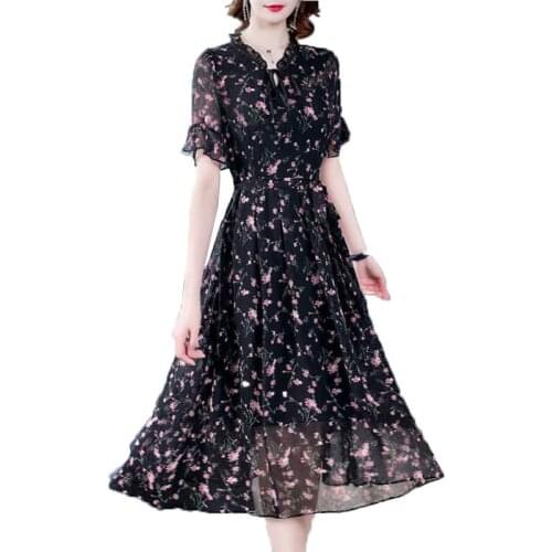 Short Sleeve Summer Dress Chiffon Print Femme Long-Sleeved V-Neck Floral Dress Plus Size 6XL Long Dresses For Women 2021 Black