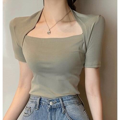 LJSXLS 2021 Summer Korean Womens Clothes Sexy Cropped Tops Basic T Shirts Women Slim Casual Elasticity Short Seleeve Tshirts