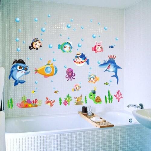 Cartoon Underwater World Diving Cute Fish Baby Wall Stickers Childrens Room Decoration Bathroom Glass Door Waterproof Stickers