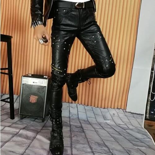2020 autumn winter personality fashion rivet motorcycle leather pants mens feet pants pu trousers for men pantalon homme stage