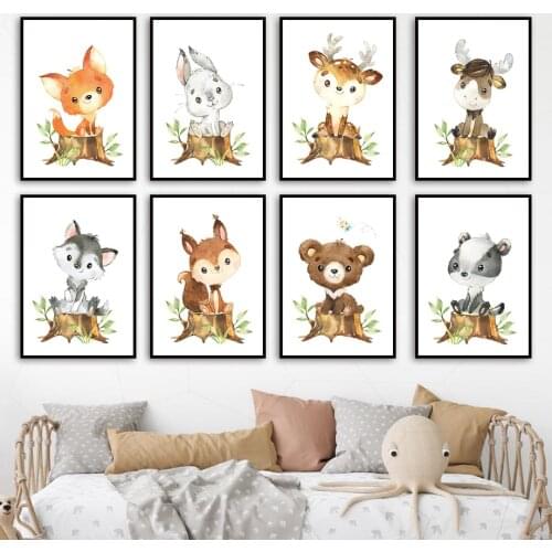Fox Bunny Deer Bear Wolf Raccoon Nursery Nursery Wall Art Print Canvas Painting Nordic Poster Wall Pictures Baby Kids Room Decor