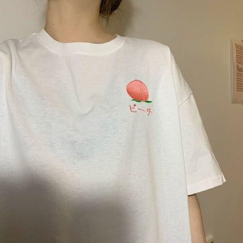 Korean of loose new round neck peach embroidery white short-sleeved t-shirt women