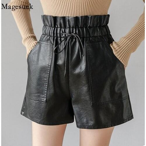New Fashion PU Leather Shorts Autumn Winter High Waisted Black Shorts Mujer Drawstring Elastic Waist Loose Women Shorts 11062