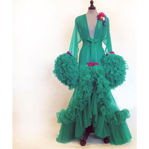 Extra Puffy Tulle Maternity Dresses Long Sleeves Hi Low Handmade Flower Tulle Robes Women Plus Size Tulle Party Dress