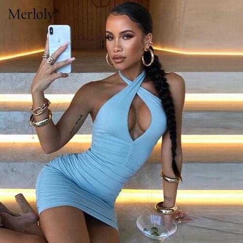 Fashion Solid Ruched Halter Dress for Women Elegant Cut Out Bodycon Dresses Evening Club Party Birthday Clothes