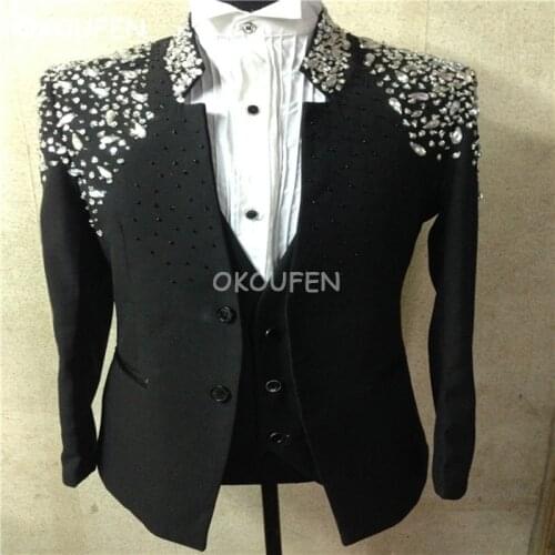 Nightclub bar singer DJ performance coat large size fashion black rhinestone sequin suit clothing male stage performance dress