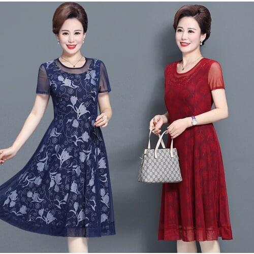 Middle-aged and elderly dress women summer 40-year-old printed stitching dress casual mid-length dress mid-length 14 colors