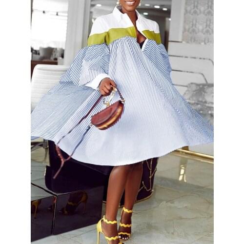 Africa Blue Loose Striped Print Irregular Button Turn-Down Collar Plus Size 3XL Casual Ruffles T-Shirt Dress