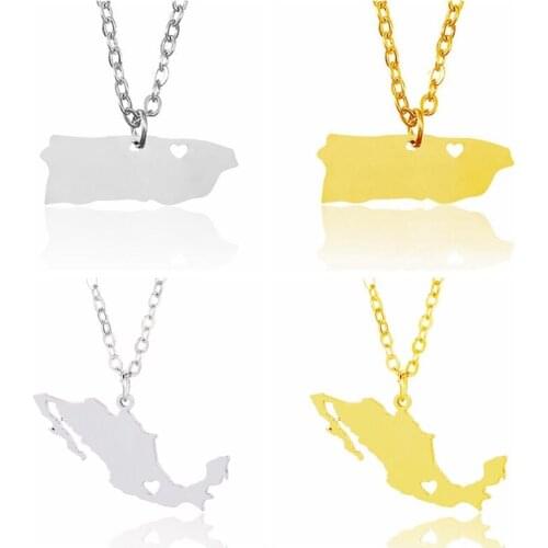 Puerto Rico Map Pendant Necklaces Mexico Map Stainless Steel Charm Country Necklace Silver Gold Women Fashion Jewelry 10pcs/Lot